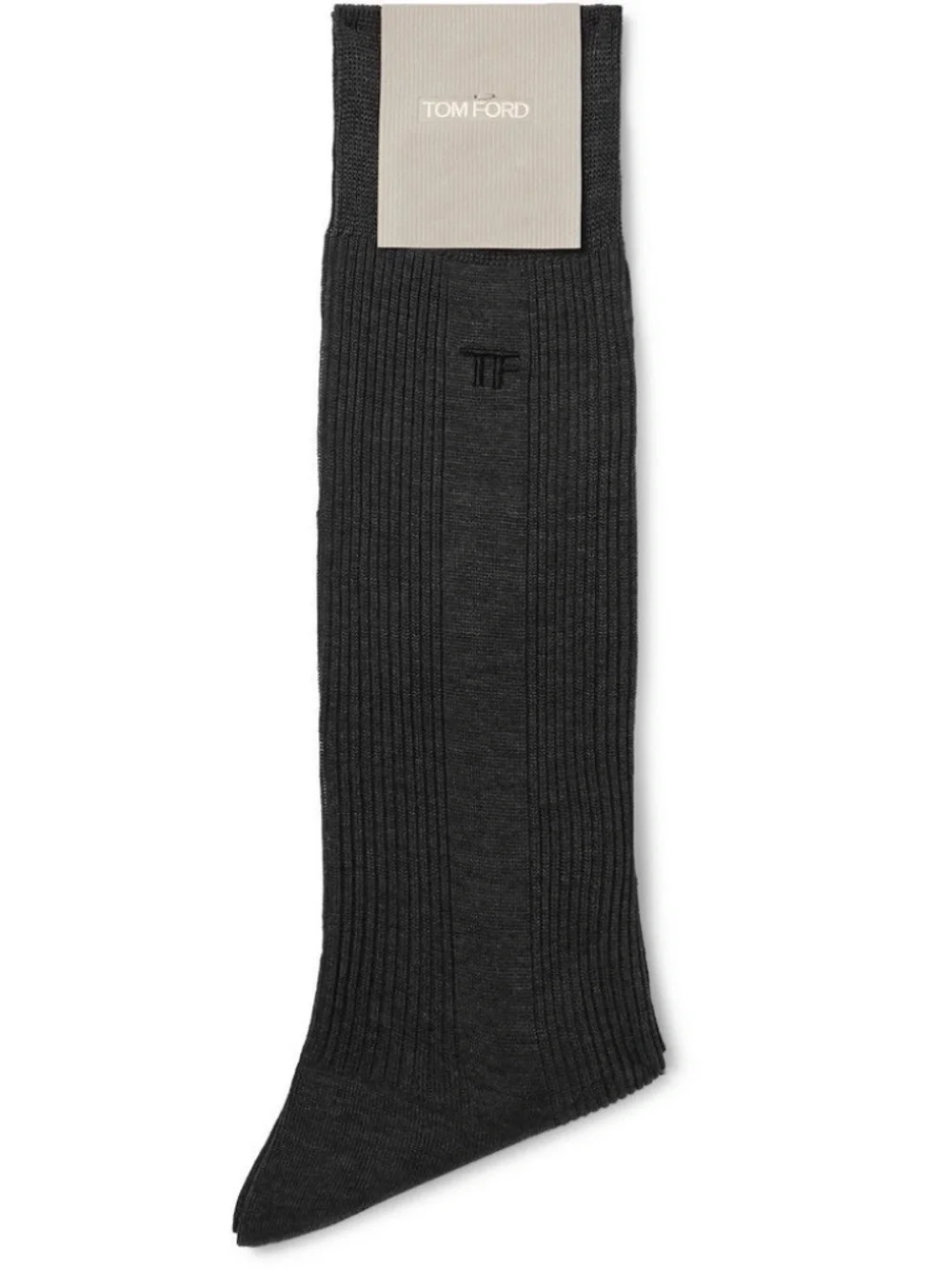 Tom Ford Charcoal Gray Embroidered TF Logo Ribbed Cotton Soft Dress Crew Socks